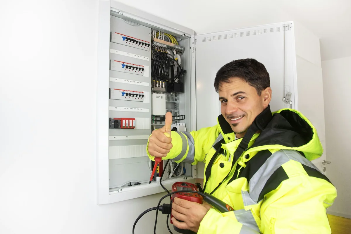 Elektryk przy rozdzielnicy niskiego napięcia